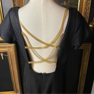 Vintage 80s 90s Kamisato Black Short Sheath Dress with Gold Chain Back L